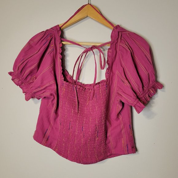NWT Free People Seratonin Smocked Blouse Striped Raspberry Sherbert Size Medium - Picture 6 of 14